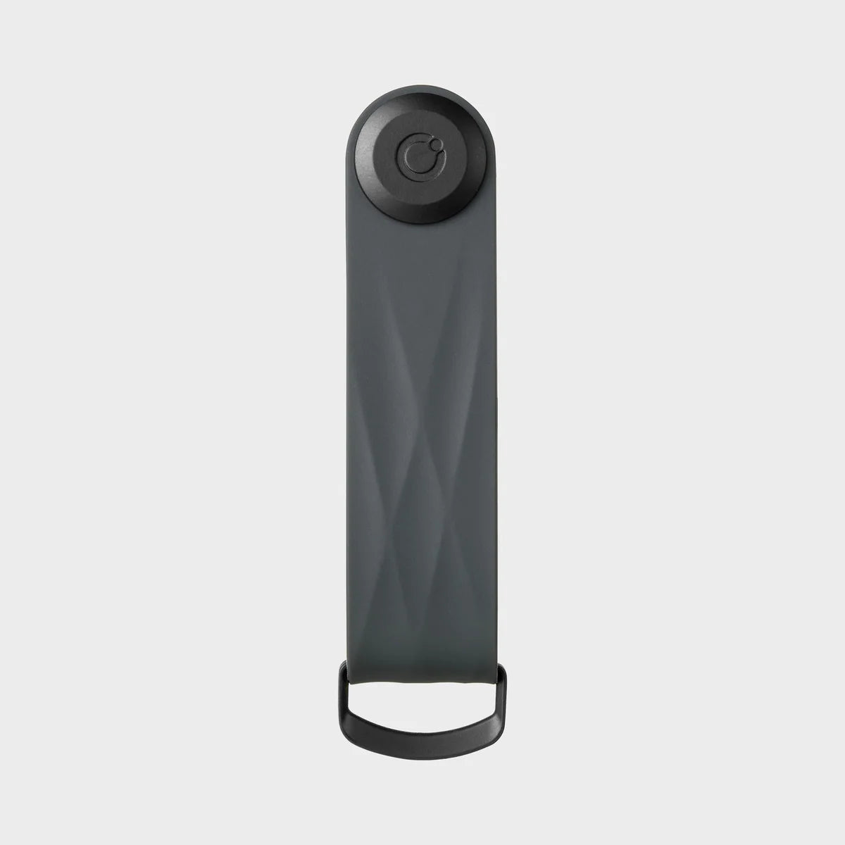 Vista frontal del llavero organizador Orbitkey Active gris, con cierre y anilla negros.