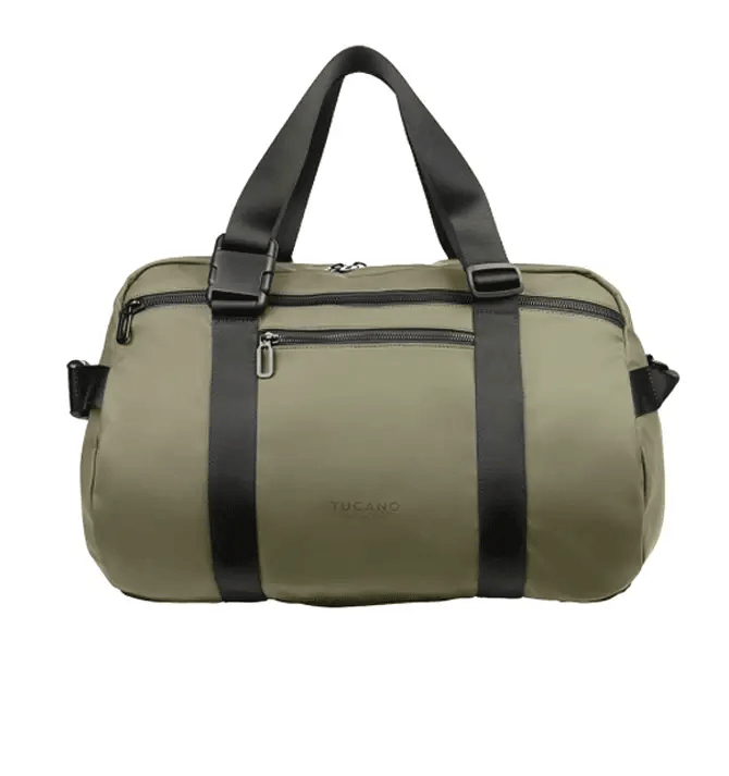 Bolsa de viaje Tucano verde convertible en mochila, vistas desde varios ángulos