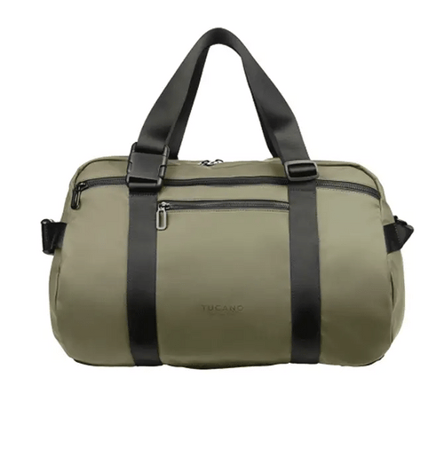 Bolsa de viaje Tucano verde convertible en mochila, vistas desde varios ángulos