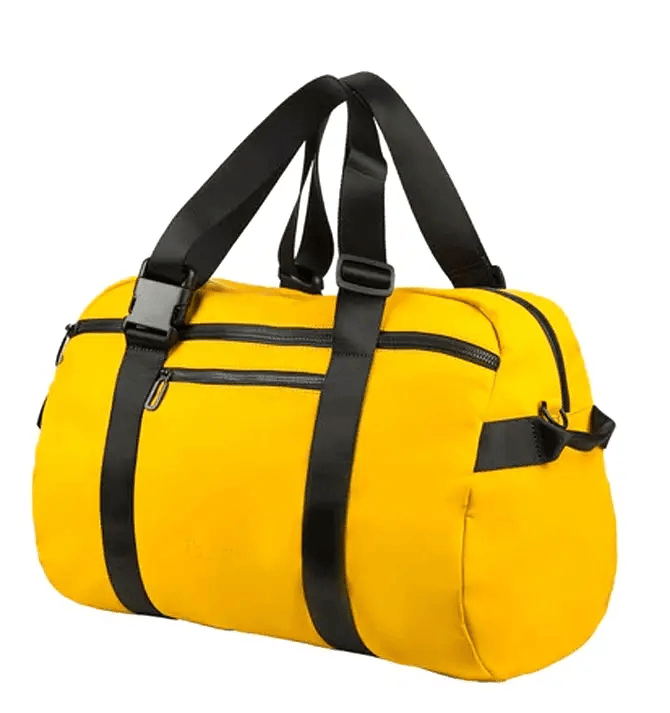 Bolsa de viaje Tucano amarilla convertible en mochila, vistas desde varios ángulos
