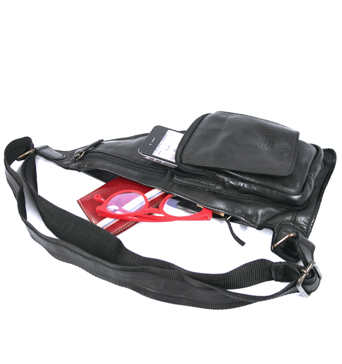 Bandolera cruzada de piel para la ciudad o viajes color negro