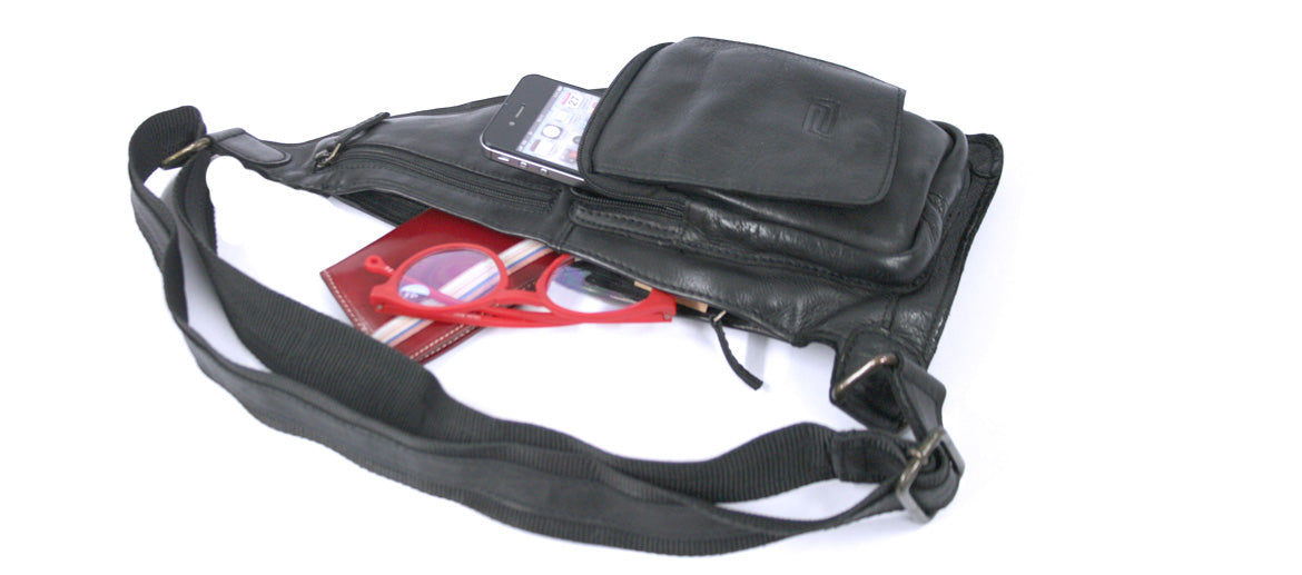 Bandolera cruzada de piel para la ciudad o viajes color negro