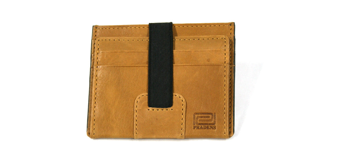 Cartera tarjetero de piel con cierre elástico color mostaza