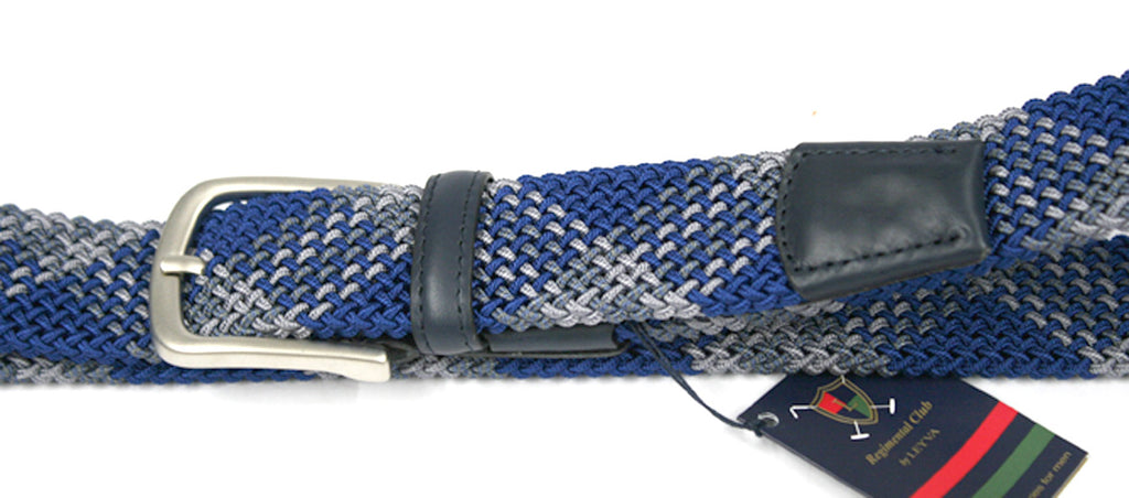 Cinturón elástico de algodón y detalles en piel de color azul y gris