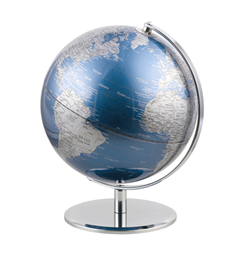Globo terráqueo para sobremesa  de 25 cms de diámetro color azul metalizado
