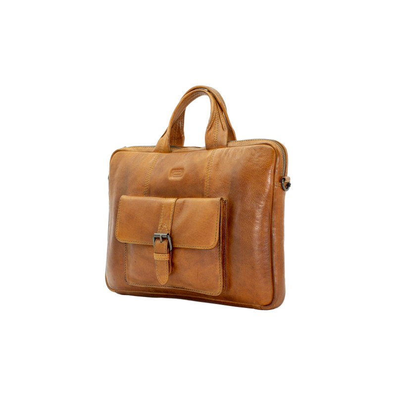 Maletín portafolios para portátil o Ipad de piel envejecida con bolsillo frontal color camel ángulo lateral