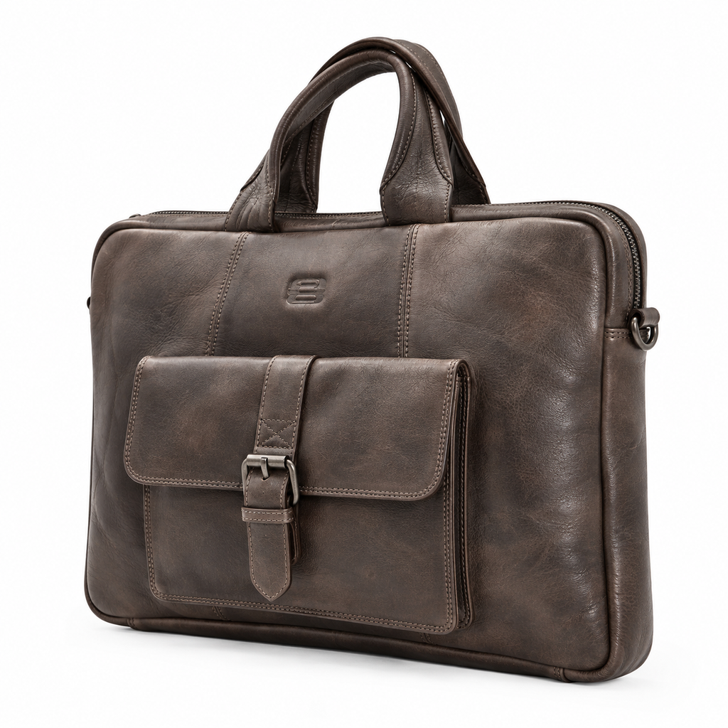 Maletín portafolios para portátil o Ipad de piel envejecida con bolsillo frontal color marrón ángulo lateral