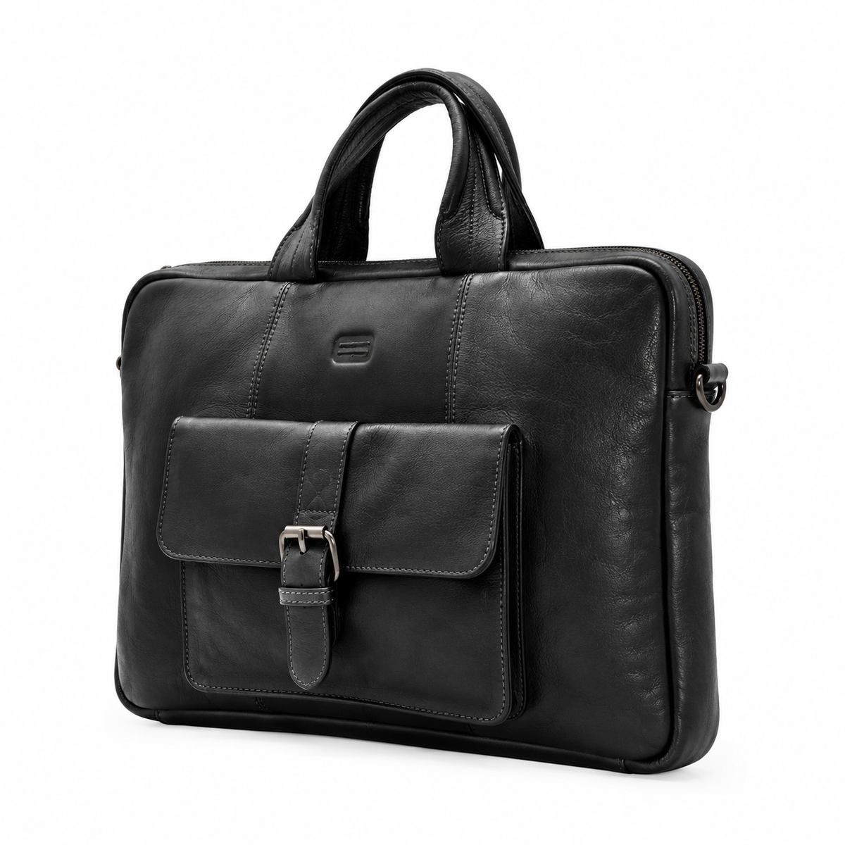 Maletín portafolios para portátil o Ipad de piel envejecida con bolsillo frontal color negro ángulo lateral