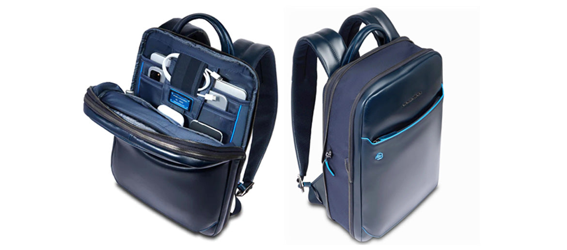 Mochila de piel espandible color azul marca Piquadro