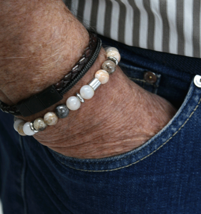 Pulsera de cuentas de piedras en tonos beige y gris - Solohombre