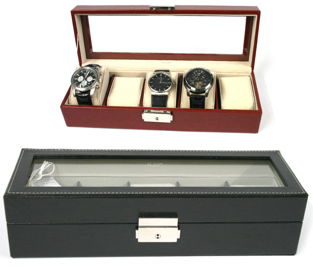 Relojero, caja de 5 relojes con tapa de cristal en color marrón o negro