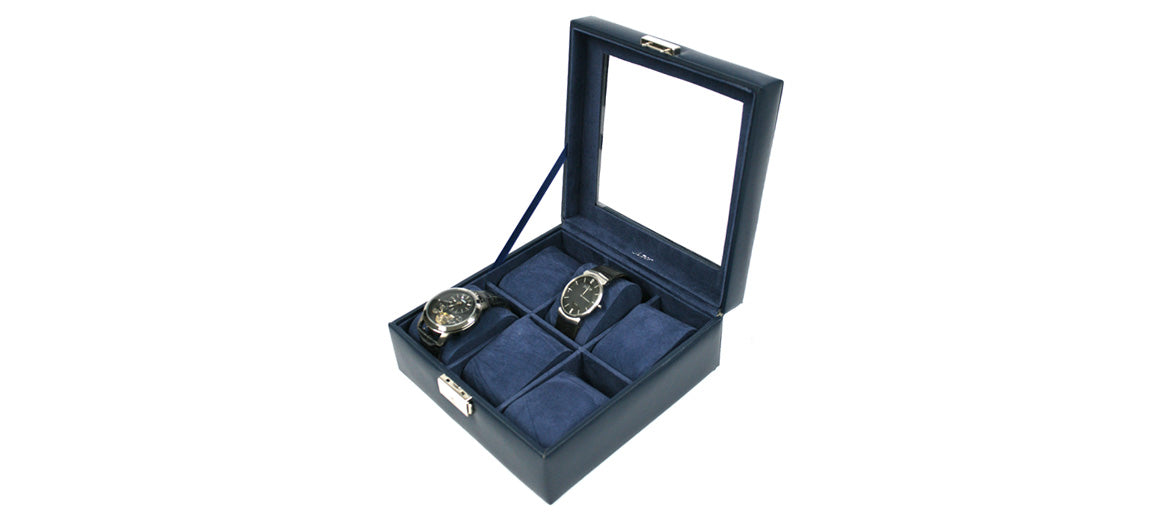 Relojero caja para guardar 6 relojes cuadrada de símil piel color azul