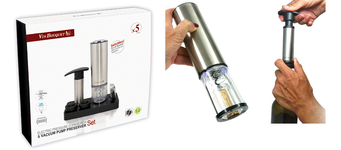 Set de vino con sacacorchos eléctrico recargable, bomba de vacio, dos tapones y descapsulador
