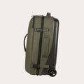 Trolley de viaje Tucano Gommo de 42 litros en verde militar, vista lateral con correas de compresión, cremallera central y rueda negra.