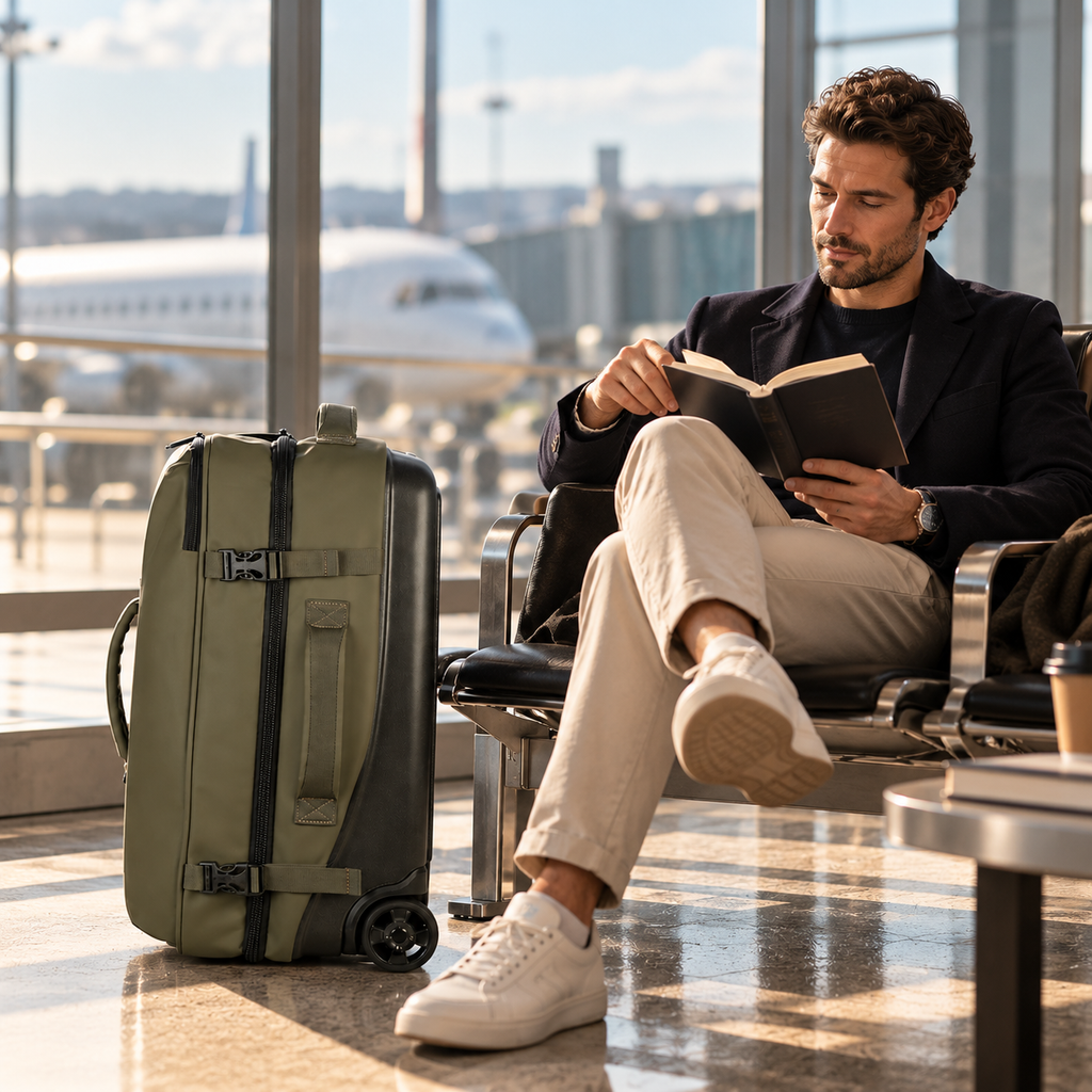 Hombre leyendo un libro mientras espera su vuelo en el aeropuerto, con el trolley Tucano Gommo verde oliva de 42 litros junto a su asiento.