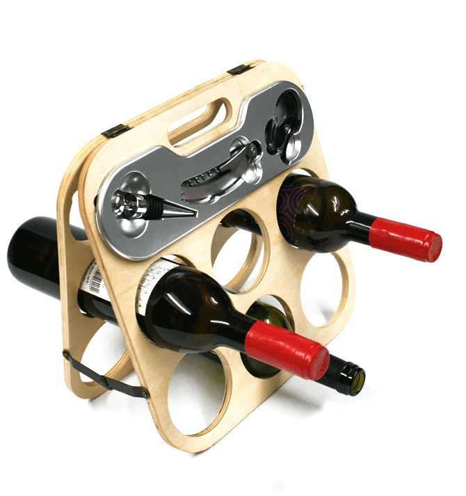 Botellero de madera para seis botellas con accesorios para el vino - Solohombre