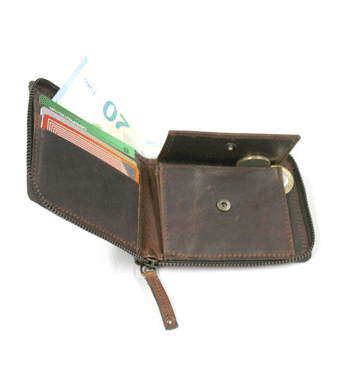 Cartera billetera monedero con cremallera piel envejecida color marrón - Solohombre