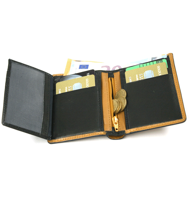 Cartera de piel billetera tarjetero y monedero con cierre de goma color mostaza - Solohombre