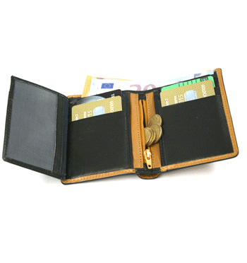 Cartera de piel billetera tarjetero y monedero con cierre de goma color mostaza - Solohombre