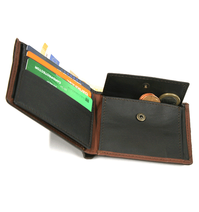 Cartera de piel billetera tarjetero con monedero color marrón con cierre elástico - Solohombre
