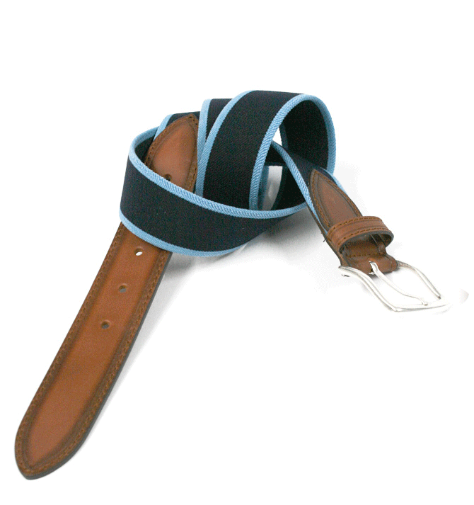 Cinturón de algodón elástico azul con vivo en celeste y detalles en piel - Solohombre
