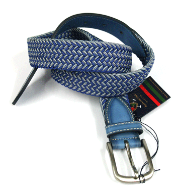 Cinturón elástico color azul y gris con punteras de piel
