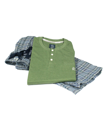 Pijama con camiseta de punto verde y pantalón de tela a cuadros de algodón para el invierno - Solohombre