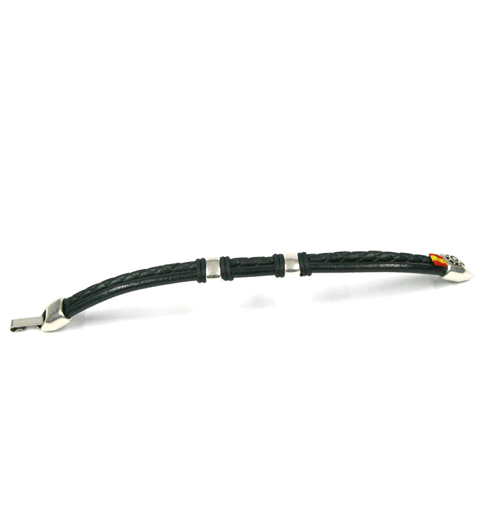 Pulsera de cuero trenzado y liso color negro con detalle en metal - Solohombre