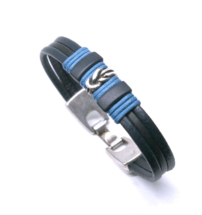 Pulsera de cuero azul con detalle de nudo marinero