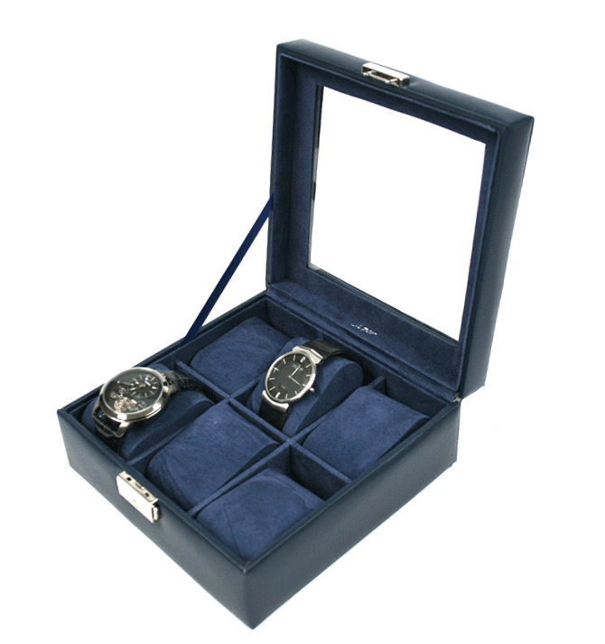 Relojero caja para guardar 6 relojes cuadrada de símil piel color azul - Solohombre